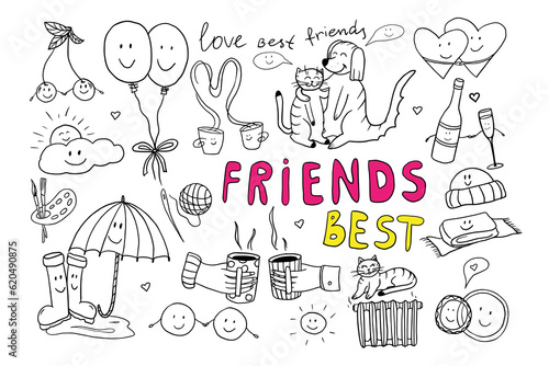 Big cartoon friendship clipart set in  doodle style. Cute collection with quotes, hearts, sweet, drinks, ballons, cats, dogs, sun, space, cups, party decoration. Hand drawn icons