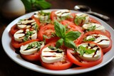A plate of tomatoes and mozzarella on a table. AI