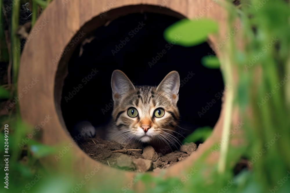 A striped cat is hiding in a dark hole, in a hole.