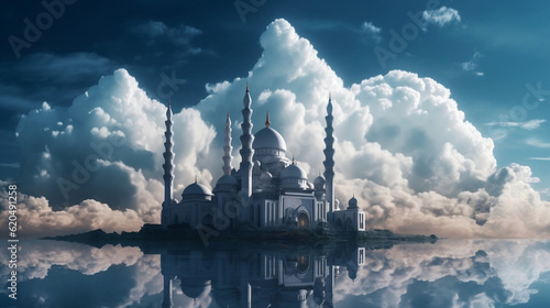 a beautiful mosque is clouds post for jummah mubarak, Generative Ai