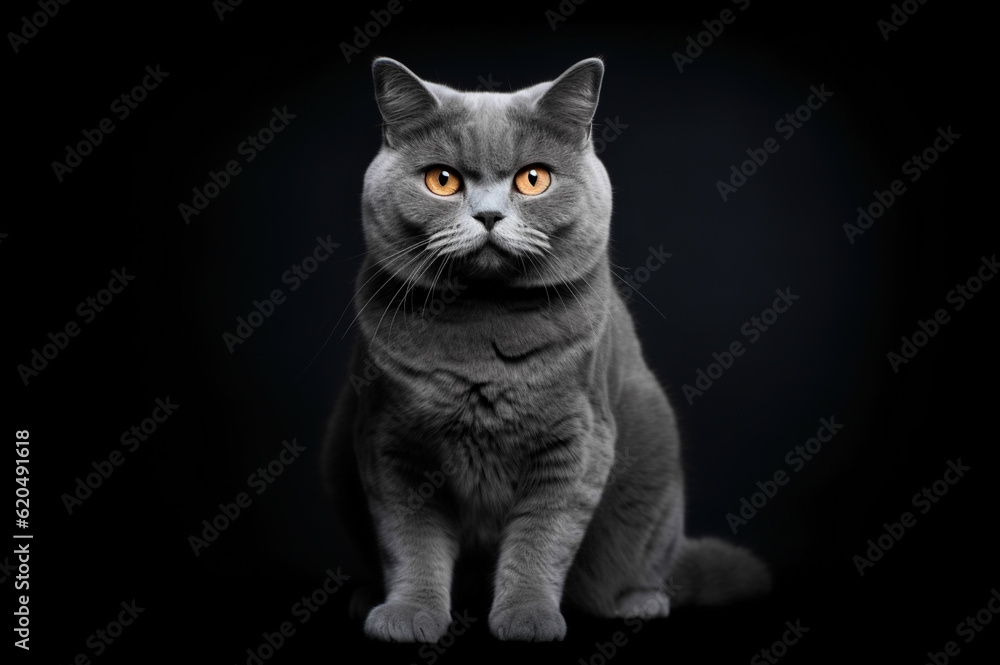 British gray cat on a black background.