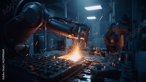 A robotic hand welding, signifying smart factory operations and the Industry 4.0 revolution. The automation and digital transformation in modern manufacturing processes, Generative Ai © oldwar