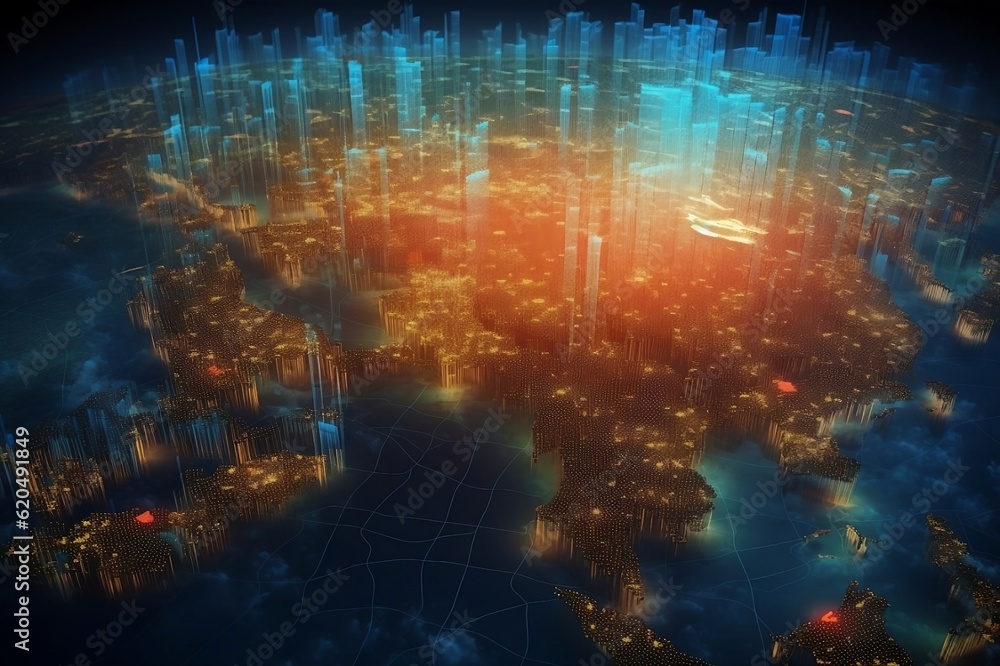 digital world concept with dot light connection with big island and city , generative AI