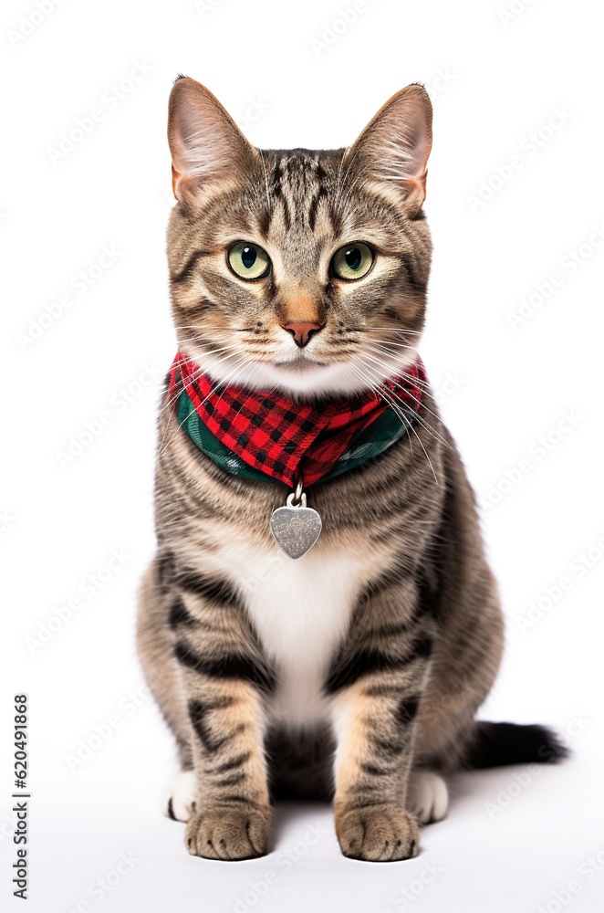 Charming cat in a bandana around his neck on a white background.