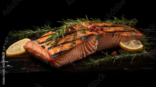 Food photography barbcue trout fish background - Grilled salmon fish steak (Generative Ai).