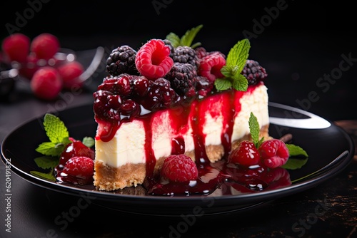 Homemade tasty cheesecake with jelly and raspberry berries on a black plate