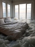 photo bed with sea view generative AI