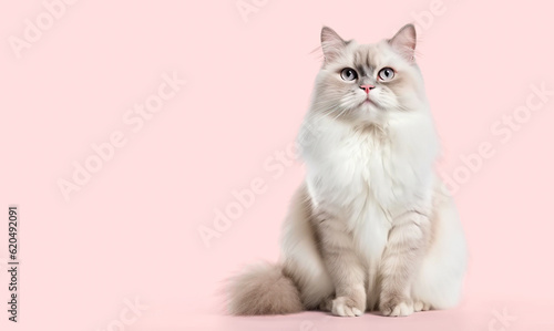 Cute Ragdoll cat isolated on pink background. photo