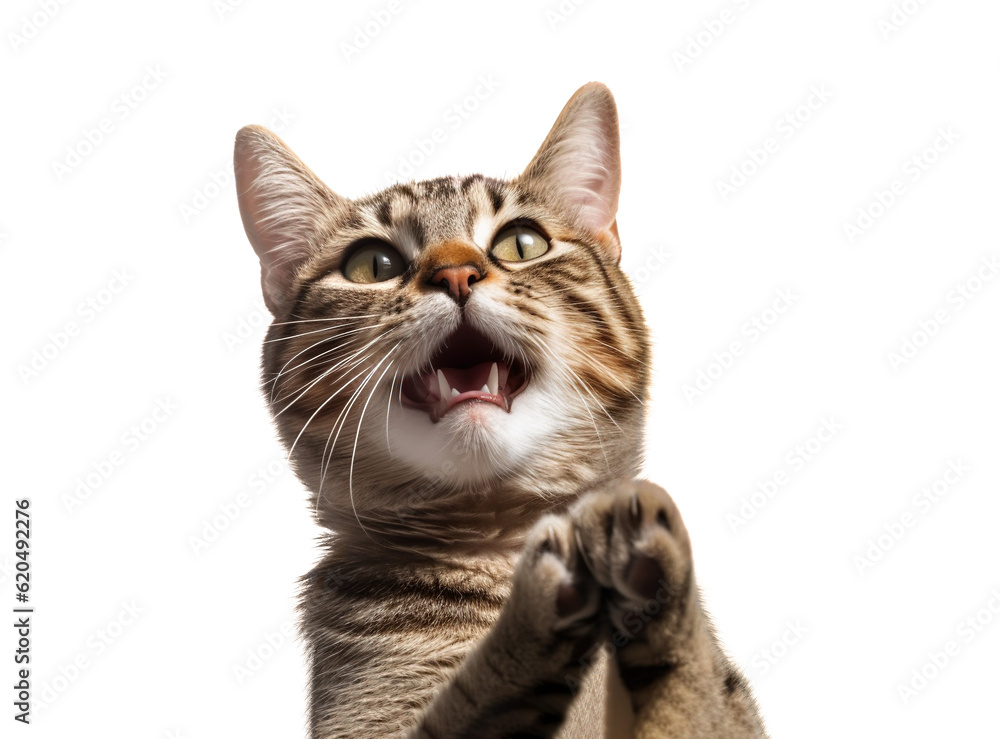 Funny portrait of a cat looking shocked or surprised on a transparent background with its paw up.