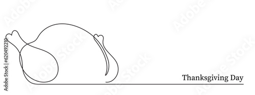 Turkey one line art, fried poultry meat continuous contour drawing,hand-drawn Thanksgiving Day traditional food,hot dish outline festive design decoration.Editable stroke.Isolated.Vector illustration