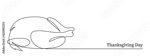 Turkey one line art, fried poultry meat continuous contour drawing,hand-drawn Thanksgiving Day traditional food,hot dish outline festive design decoration.Editable stroke.Isolated.Vector illustration