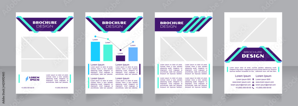 Business plan purple blank brochure design. Template set with copy space for text. Premade corporate reports collection. Editable 4 paper pages. Syncopate, Poller One, Arial Regular fonts used
