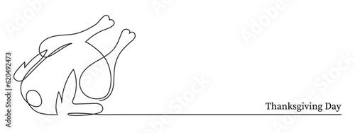 Turkey one line art, fried poultry meat continuous contour drawing,hand-drawn Thanksgiving Day traditional food,hot dish outline festive design decoration.Editable stroke.Isolated.Vector illustration