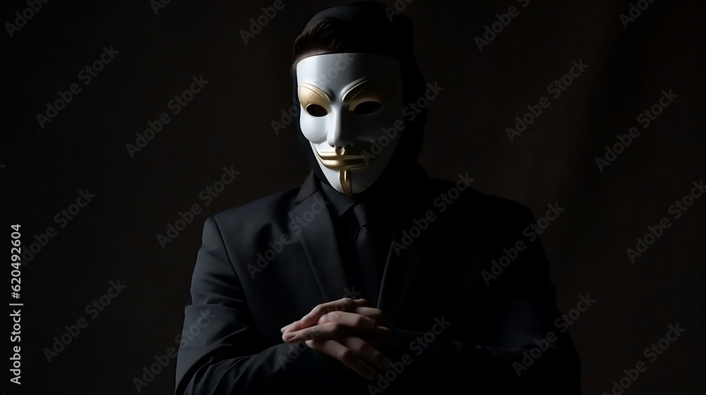 Concept of a liar, a man in a suit wearing black mask. Hiding his true identity, intentions, or actions. The sense of manipulation. A powerful representation of dishonesty and deception, Generative Ai Concept of a liar, a man in a suit wearing black mask. Hiding his true identity, intentions, or actions. The sense of manipulation. A powerful representation of dishonesty and deception, Generative Ai