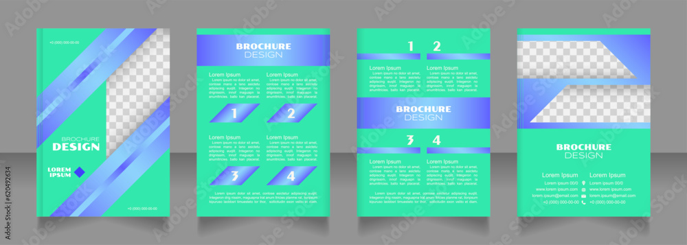 State intervention turquoise blank brochure design. Template set with copy space for text. Premade corporate reports collection. Editable 4 paper pages. Syncopate, Poller One, Arial Regular fonts used