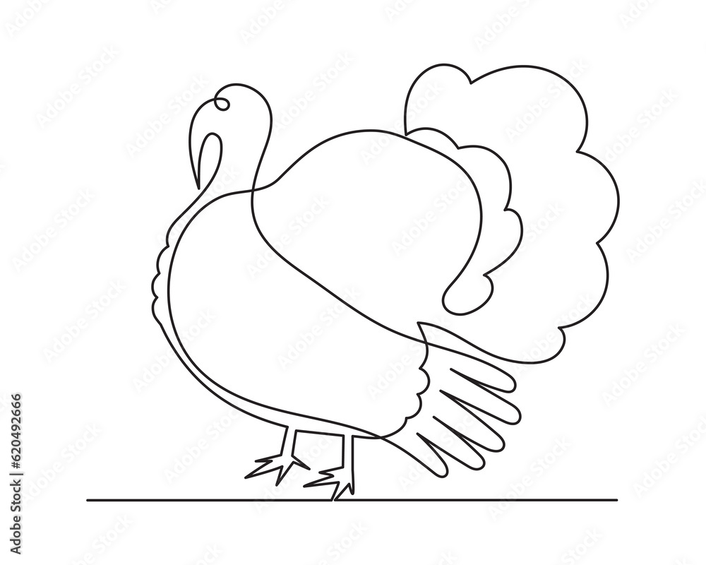 Turkey bird one line art, poultry continuous contour drawing,hand-drawn Thanksgiving Day traditional food,festive design decoration outline.Editable stroke.Isolated.Vector illustration Turkey bird one line art, poultry continuous contour drawing,hand-drawn Thanksgiving Day traditional food,festive design decoration outline.Editable stroke.Isolated.Vector illustration