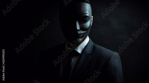 Photo Concept of a liar, a man in a suit wearing black mask