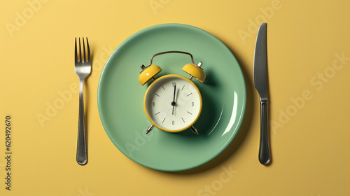 Concept of intermittent fasting, showing an empty plate and a clock. The practice of eating within specific time frames to promote better health and weight management, Generative Ai