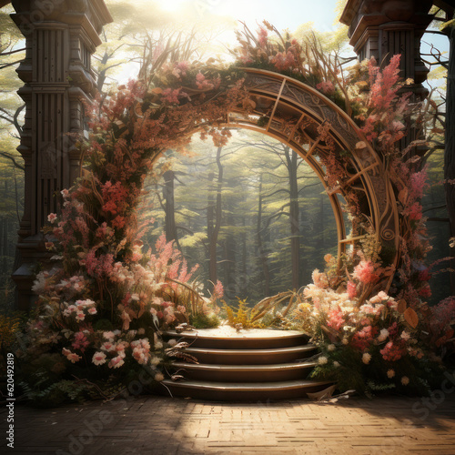 Wedding arch with flowers in the garden. AI generative.