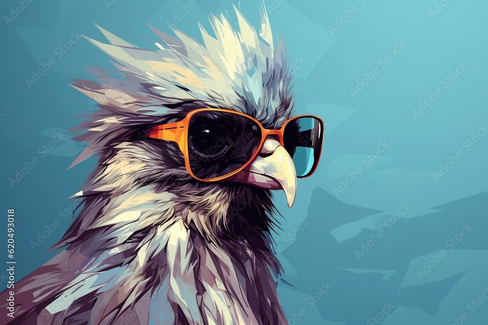A painting of a bird wearing sunglasses. AI