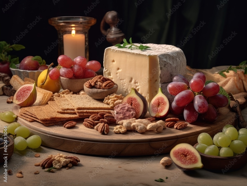 pâté arranged alongside a variety of cheeses, fruits, and nuts on a marble platter pâté arranged alongside a variety of cheeses, fruits, and nuts on a marble platter