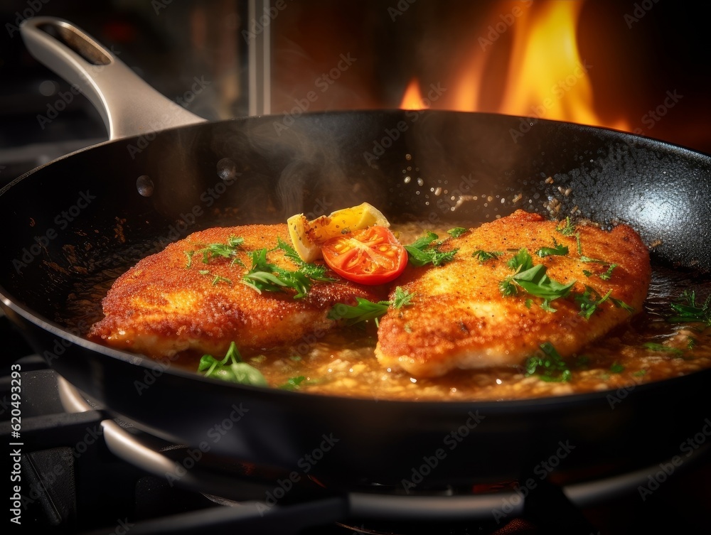 golden-brown Escalope de Dinde being cooked in a skillet golden-brown Escalope de Dinde being cooked in a skillet
