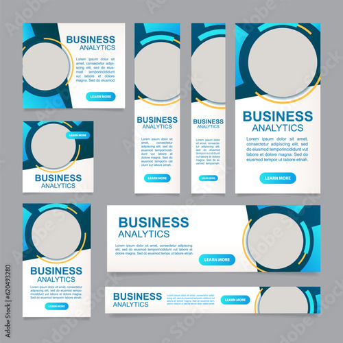 Analytics for business success web banner design template. Vector flyer with text space. Advertising placard with customized copyspace. Printable poster for advertising. Arial font used