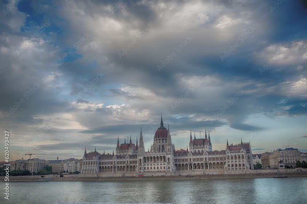 Hungarian parliament building shot from the oppposite side of the Danube River.