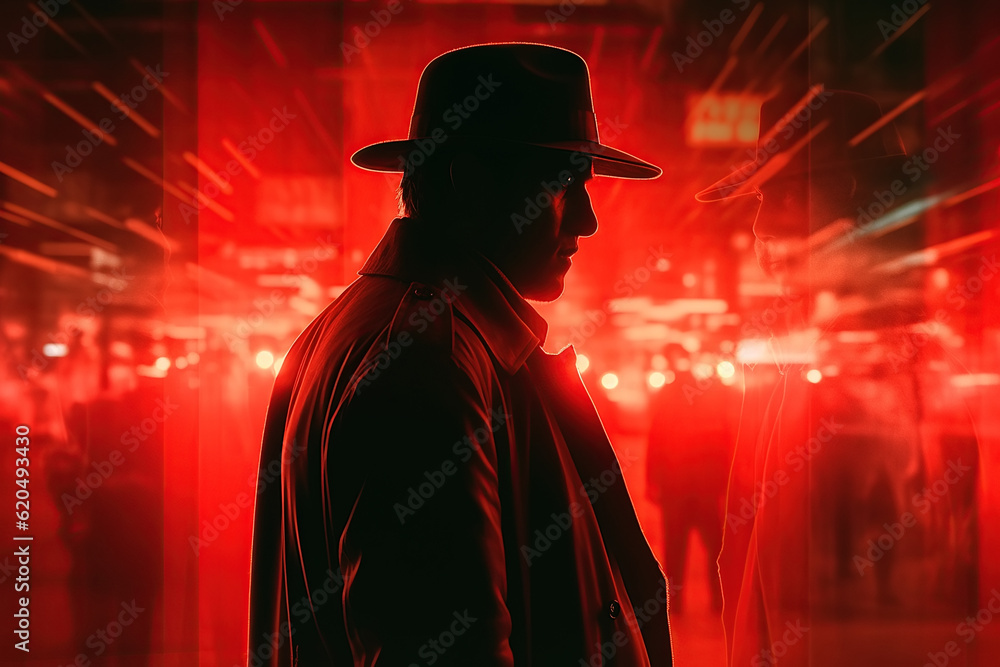 male detective in hat with a double multi exposure. Poster banner for thriller movie and novel book. Generative AI illustration