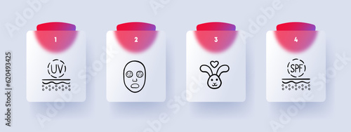 Cosmetics line icon. Mask, skin moisturizing, rabbit, heart, sunscreen. Pastel color background. Vector line icon for business