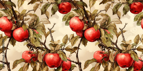 Watercolor illustration: seamless pattern of apples on the branches. AI