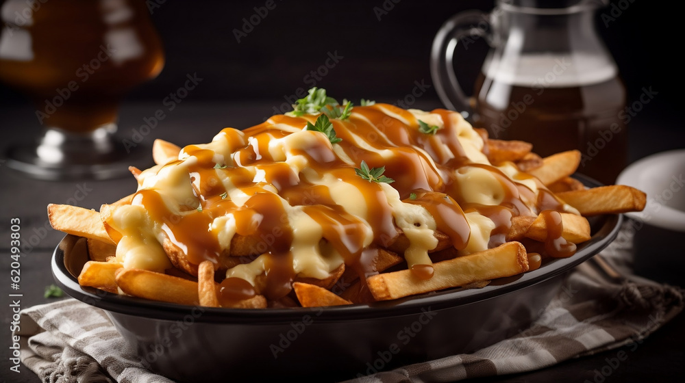 Poutine Canadian dish of French fries, cheese curds, and gravy, Generative Ai Poutine Canadian dish of French fries, cheese curds, and gravy, Generative Ai