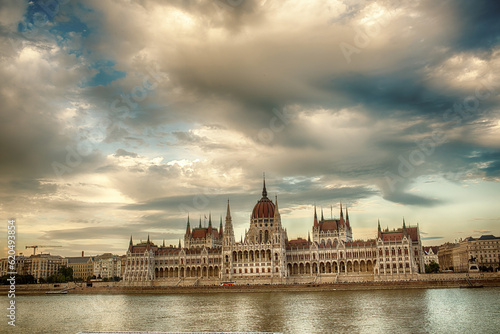 Hungarian parliament building shot from the oppposite side of the Danube River.
