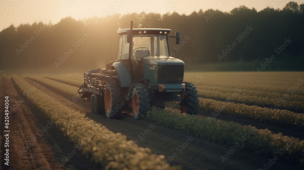 Fototapeta premium Solar powered agricultural robot industriously operating in the field. This represents the intersection of sustainability, technology, and agriculture, Generative Ai