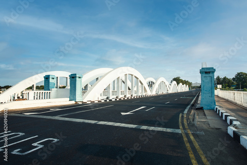 Beautiful view of Napier Bridge arch-shaped design with blue sky and copy space, Napier Bridge, Chennai, Tamil Nadu, India.