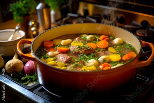 Pot-au-Feu simmering on the stove, showcasing the rich broth and colorful vegetables photo