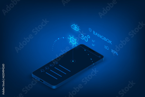 Vector isometric technology weather forecast application with mobile phone concept.