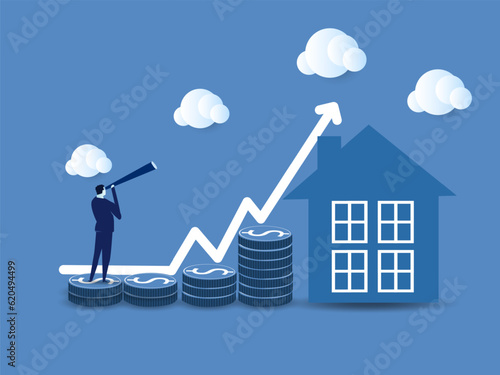 Real estate market, graph, up arrow. House model and a stack of coins. The concept of inflation, economic growth, the price of insurance services. vector illustration.