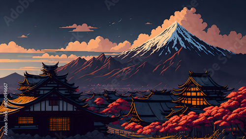 landscape with massive clouds behind a big mountain Japanese style village in the background beautiful art, beautiful landscape, deep collars, sundown, warm orange colors, 1600 Japanese town, old aest