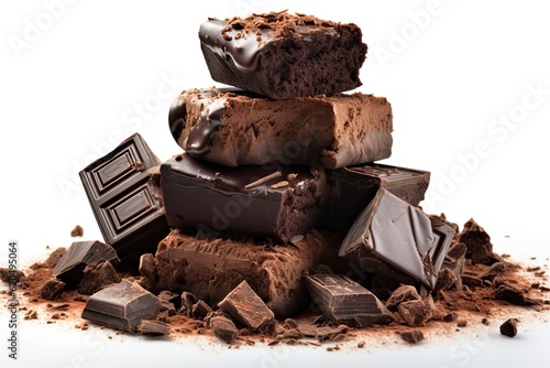 Isolated clipping path of chunks of black chocolate biscuit stack and crumbs on white background 