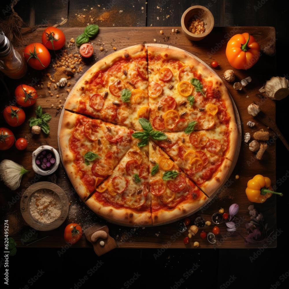 Pizza with sauce and vegetables, generative ai