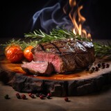 Steak with lemon and rosemary in the wood next to a fire, generative ai