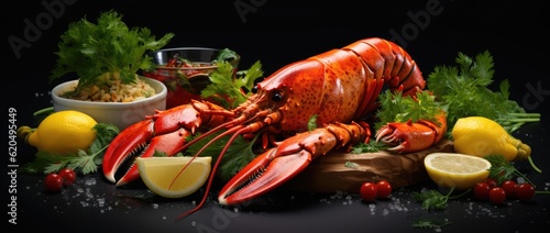 Lobster dish on the black background, generative ai