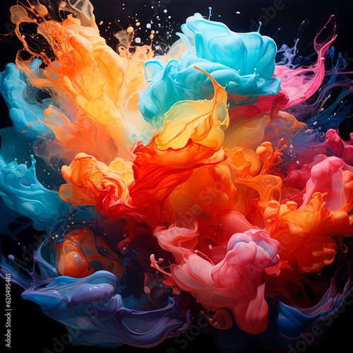 Abstract explosion of colors in paint splashes  isolated on black. Mixed liquid vivid flow  curved dynamic fluid for creative background - Generative AI