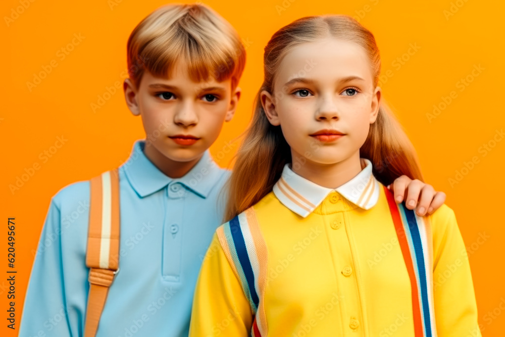 two positive friendly schoolkids in uniform isolated orange background. Generative AI two positive friendly schoolkids in uniform isolated orange background. Generative AI