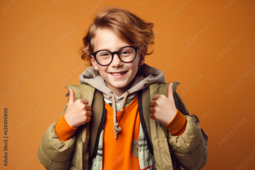 schoolboy with glasses with backpack is ready to go to school gesturing thump up. generative AI