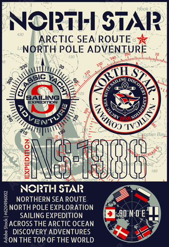 North pole Arctic ocean adventure extreme sailing expedition vector label for boy man wear