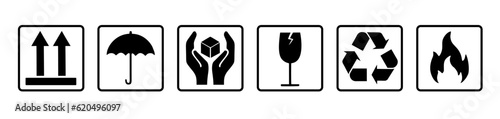 Common packaging & warning symbol set. Black & white flat style icons with frame & outline. Isolated on transparent. Fragile, recycle, Handle with care, This side up, Indoor use only. 