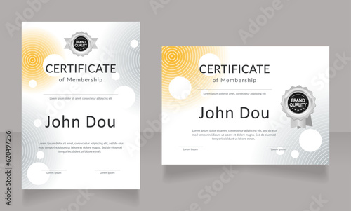 Scientific society membership certificate design template set. Vector diploma with customized copyspace and borders. Printable document for awards and recognition. Lato, Calibri Regular fonts used