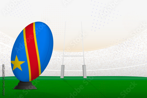 DR Congo national team rugby ball on rugby stadium and goal posts, preparing for a penalty or free kick.